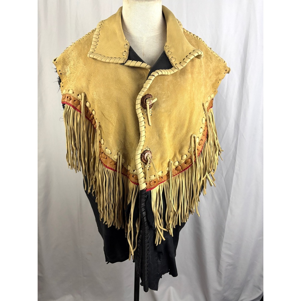 Vintage Leather Fringe Cape Vest Fort Grizzly Concho Western Boho Medium Rare
